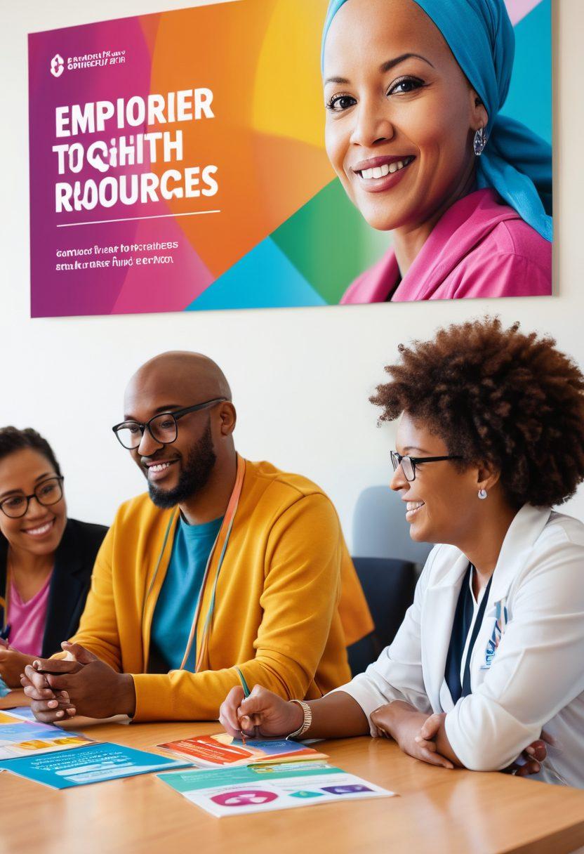 A diverse group of individuals from the cancer community engaging in a lively discussion, surrounded by colorful health information brochures and digital devices displaying empowering cancer resources. The setting is bright and inviting, symbolizing hope and action. The atmosphere should convey education and unity, with background elements like a large banner reading 'Empower Together'. super-realistic. vibrant colors. soft focus.