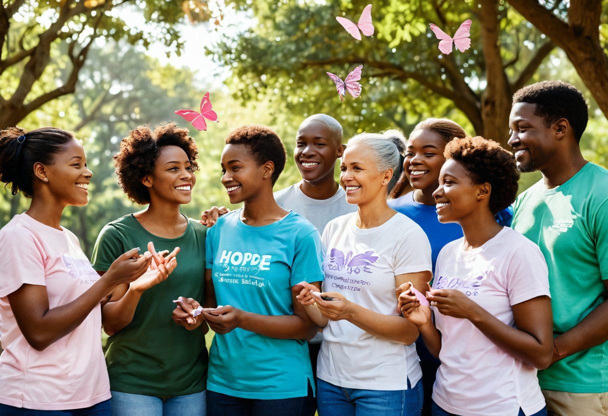 A heartwarming scene depicting a diverse group of people supporting each other in a park, with one person sharing informational resources about cancer awareness. Include symbolic elements like butterflies and ribbons representing hope and resilience, surrounded by greenery and sunlight. Enhance the emotional connection with expressions of unity and strength in their faces. vibrant colors. super-realistic.